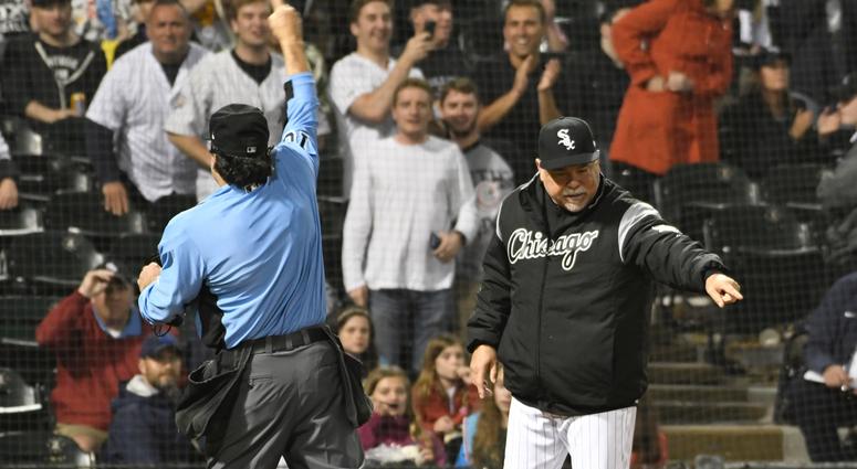 Umpire Phil Cuzzi ejects White Sox manager Rick Renteria. Umpire Phil Cuzzi ejects White Sox manager Rick Renteria.