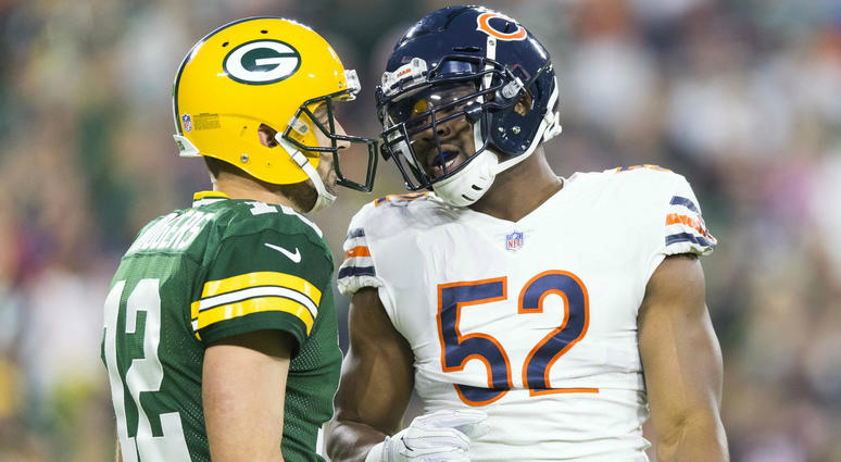 Bears linebacker Khalil Mack, right, and Packers quarterback Aaron Rodgers Bears linebacker Khalil Mack, right, and Packers quarterback Aaron Rodgers