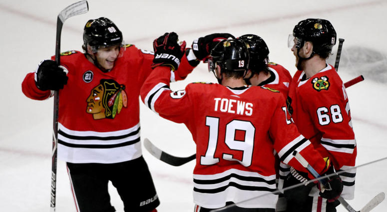 Patrick Kane (88) and the Blackhawks celebrate. Patrick Kane (88) and the Blackhawks celebrate.