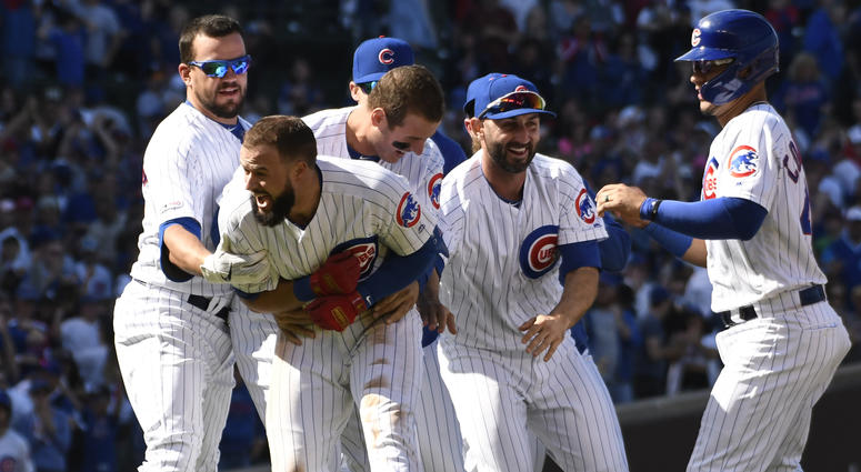 David Bote and the Cubs celebrate. David Bote and the Cubs celebrate.