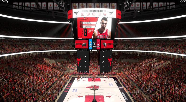 Rendering of the new United Center scoreboard that will be installed for the 2019-'20 seasons. Rendering of the new United Center scoreboard that will be installed for the 2019-'20 seasons.