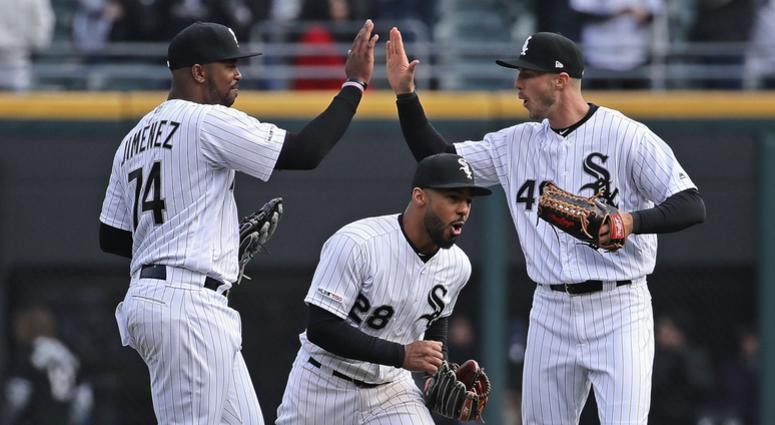From left, Eloy Jimenez, Leury Garcia and Ryan Cordell celebrate the White Sox's win against the Mariners. From left, Eloy Jimenez, Leury Garcia and Ryan Cordell celebrate the White Sox's win against the Mariners.