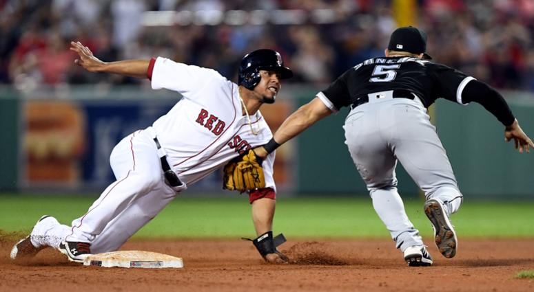 Red Sox third baseman Marco Hernandez (40) slides safely into second base as White Sox second baseman Yolmer Sanchez (5) attempts a tag. Red Sox third baseman Marco Hernandez (40) slides safely into second base as White Sox second baseman Yolmer Sanchez (5) attempts a tag.