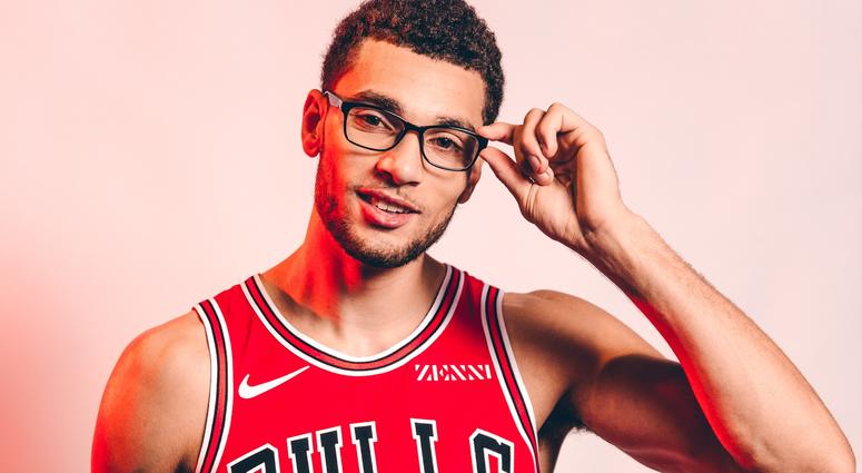 Bulls guard Zach LaVine models the new Zenni patch on the team's jerseys. Bulls guard Zach LaVine models the new Zenni patch on the team's jerseys.