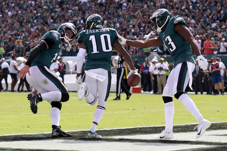 DeSean Jackson DeSean Jackson #10 of the Philadelphia Eagles celebrates with quarterback Carson Wentz #11 after the pair connected for a third quarter touchdown pass against the Washington Redskins at Lincoln Financial Field on September 08, 2019 in Philadelphia, Pennsy