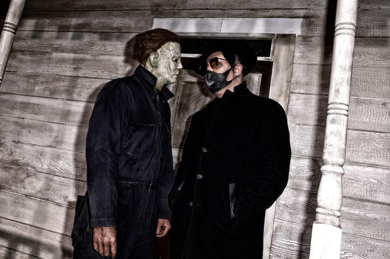 Halloween Marilyn Manson (R) and an actor dressed as the character of Michael Myers attend the Universal Pictures' "Halloween" premiere at TCL Chinese Theatre on October 17, 2018 in Hollywood, California.