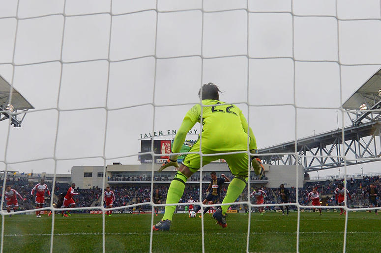 Sebastien Le Toux #9 of Philadelphia Union takes a penalty shot on Bobby Shuttleworth #22 of New England Revolution at Talen Energy Stadium on March 20, 2016 in Chester, Pennsylvania. The Union won 3-0.
