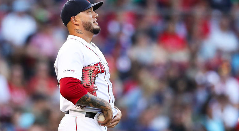 BOSTON, MA - AUGUST 10: Hector Velazquez #76 of the Boston Red Sox reacts after giving up a run to Shohei Ohtani #17 of the Los Angeles Angels in the seventh inning of a game at Fenway Park on August 10, 2019 in Boston, Massachusetts. (Photo by Adam Glanz