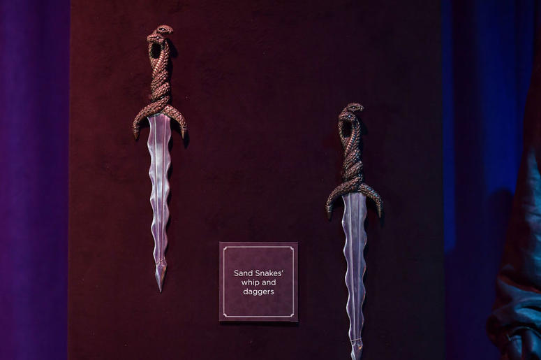 Sand Snakes' daggers can be seen on display at the Game Of Thrones: The Touring Exhibition press launch at Titanic Exhibition Centre on April 10, 2019 in Belfast, Northern Ireland. Sand Snakes' daggers can be seen on display at the Game Of Thrones: The Touring Exhibition press launch at Titanic Exhibition Centre on April 10, 2019 in Belfast, Northern Ireland.