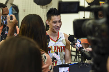 Atlanta Hawks player Jeremy Lin (7) is shown being interviewed during Hawks Media Day at the Emory Sports Medicine Complex.