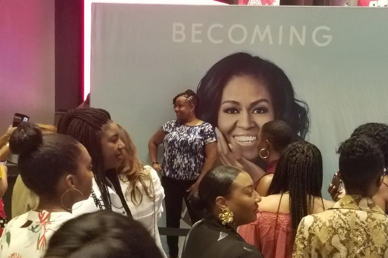 There were long lines to buy merchandise and to photos with a likeness of former first lady Michelle Obama. There were long lines to buy merchandise and to photos with a likeness of former first lady Michelle Obama.