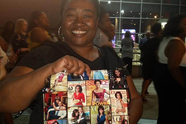 Keysha McIntyre wore a Michelle Obama t-shirt and a purse with photos of the former first lady. Keysha McIntyre wore a Michelle Obama t-shirt and a purse with photos of the former first lady.
