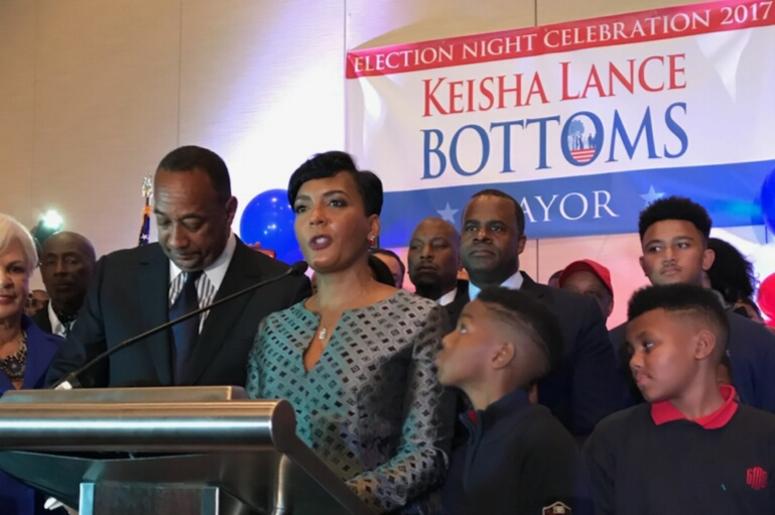Atlanta Mayor Keisha Lance Bottoms is shown on Election Night surrounded by family and friends