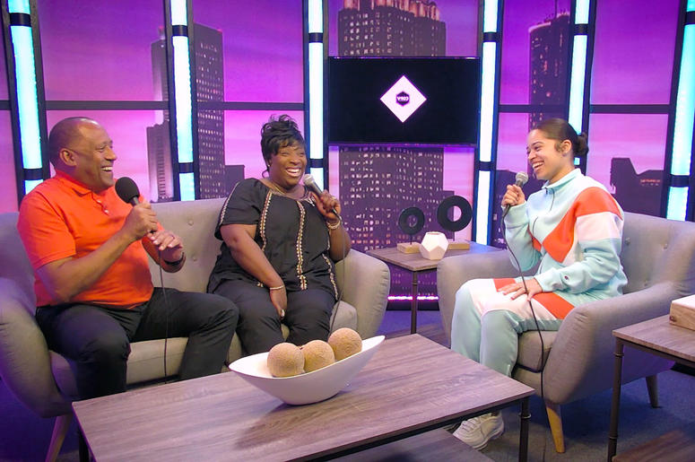Ella Mai with V-103's Frank Ski and Wanda Smith Ella Mai with V-103's Frank Ski and Wanda Smith