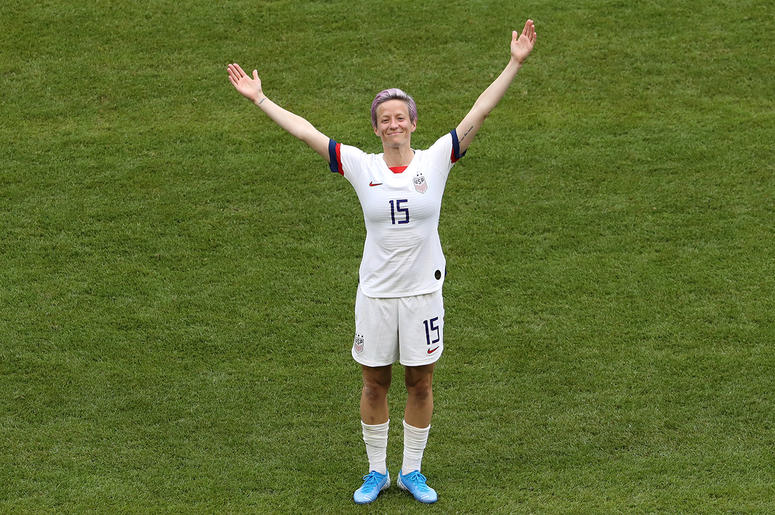 Megan Rapinoe of the USA celebrates with teammates after scoring her team's first goal during the 2019 FIFA Women's World Cup France Final match between The United States of America and The Netherlands at Stade de Lyon on July 07, 2019 in Lyon, France. Megan Rapinoe of the USA celebrates with teammates after scoring her team's first goal during the 2019 FIFA Women's World Cup France Final match between The United States of America and The Netherlands at Stade de Lyon on July 07, 2019 in Lyon, France.