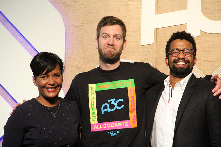 Atlanta mayor Keisha Lance Bottoms, A3C Executive Director Mike Walbert and writer Rembert Browne pose for photos after a brunch conversation at A3C in Atlanta, on October 4, 2018 Atlanta mayor Keisha Lance Bottoms, A3C Executive Director Mike Walbert and writer Rembert Browne pose for photos after a brunch conversation at A3C in Atlanta, on October 4, 2018