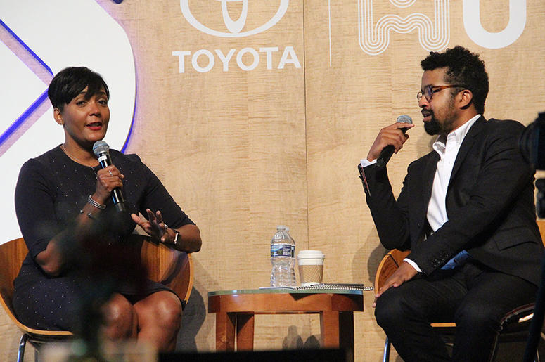 Atlanta mayor Keisha Lance Bottoms and writer Rembert Browne have a conversation at A3C in Atlanta, on October 4, 2018 Atlanta mayor Keisha Lance Bottoms and writer Rembert Browne have a conversation at A3C in Atlanta, on October 4, 2018