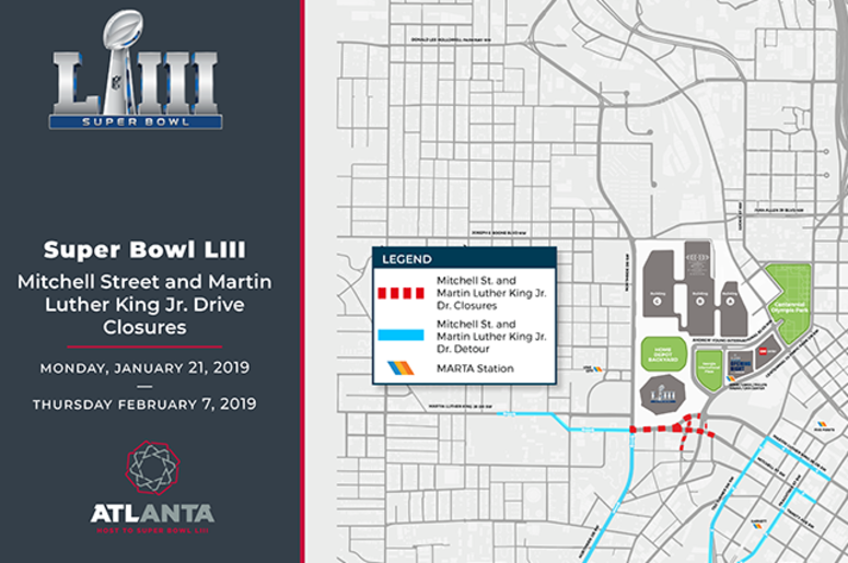 A map of Atlanta's first road closures for Super Bowl 53 A map of Atlanta's first road closures for Super Bowl 53