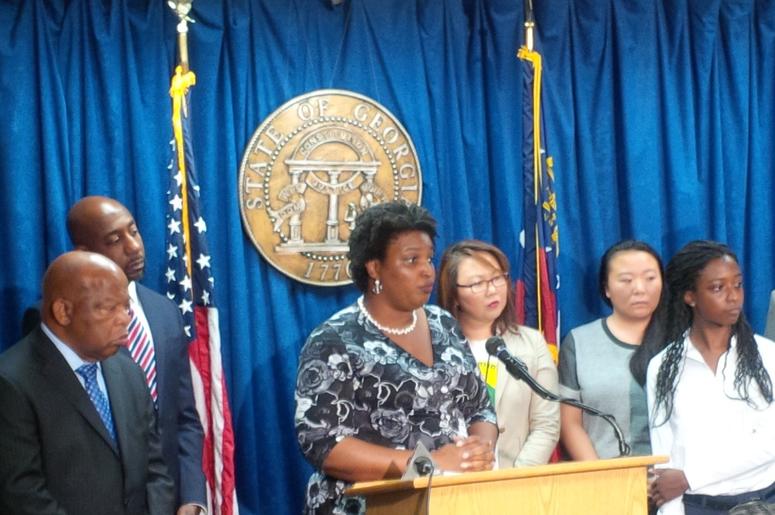 Democratic Candidate for GA Governor Stacey Abrams, along with Congressmen and other officials talking about voter rights on October 6, 2014. Democratic Candidate for GA Governor Stacey Abrams, along with Congressmen and other officials talking about voter rights on October 6, 2014.