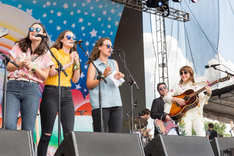 Emily Staveley-Taylor, Jessica Staveley-Taylor and Camilla Staveley-Taylor of The Staves perform with Jenny Lewis at Eaux Claires Music Festival on August 13, 2016, in Eau Claire, Wisconsin. (Photo by Daniel DeSlover/imageSPACE)