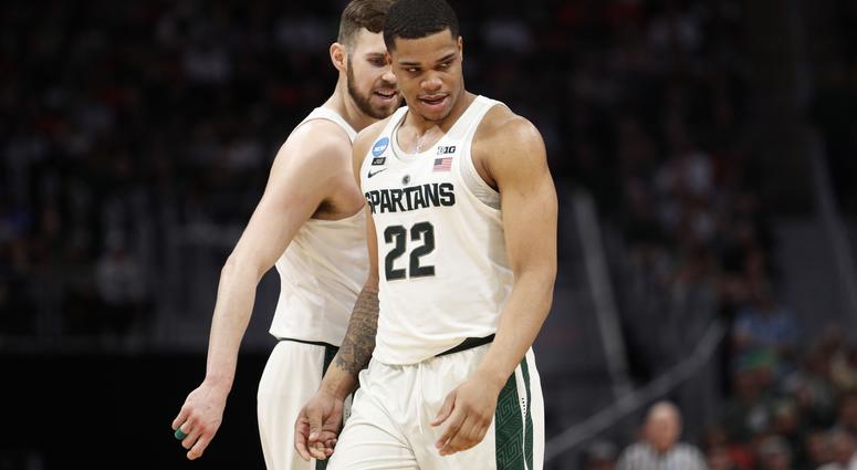 Mar 18, 2018; Detroit, MI, USA; Michigan State Spartans guard Miles Bridges (22) reacts to a play in the first half against the Syracuse Orange in the second round of the 2018 NCAA Tournament at Little Caesars Arena.