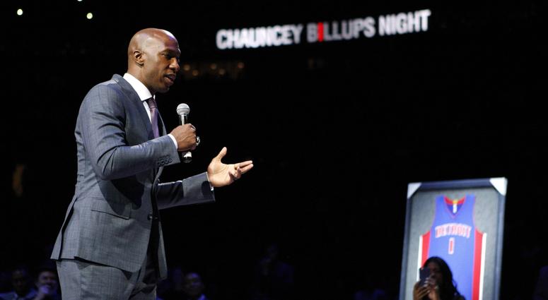 Feb 10, 2016; Auburn Hills, MI, USA; Chauncey Billups gives a speech during his halftime retirement ceremony in the game between the Detroit Pistons and the Denver Nuggets at The Palace of Auburn Hills.
