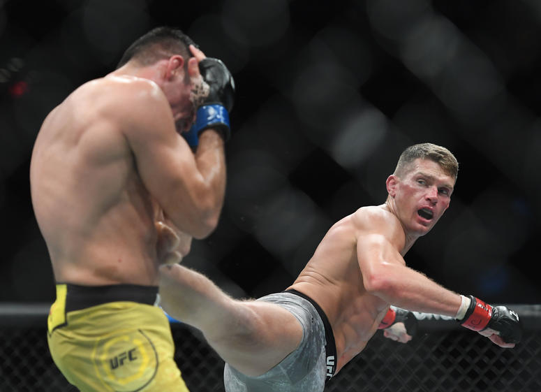 Nov 2, 2019; New York, NY, USA; Stephen Thompson (red gloves) fights Vicente Luque (blue gloves) during UFC 244 at Madison Square Garden. Mandatory Credit: Sarah Stier-USA TODAY Sports
