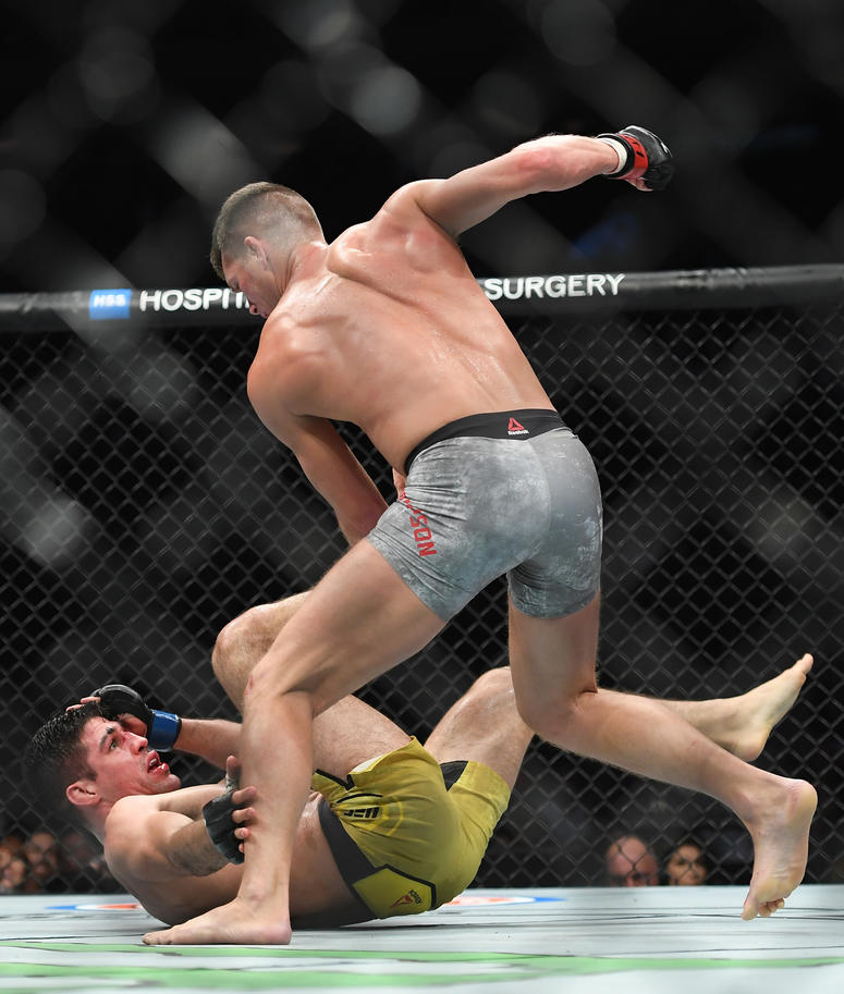 Nov 2, 2019; New York, NY, USA; Stephen Thompson (red gloves) fights Vicente Luque (blue gloves) during UFC 244 at Madison Square Garden. Mandatory Credit: Sarah Stier-USA TODAY Sports