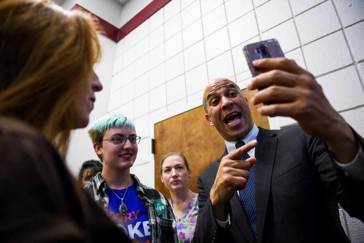 U.S. senator & democratic presidential hopeful Cory Booker takes selfies with supporters during a campaign event at Reedy Fork Baptist Church, Simpsonville Senator Cory Booker in Simpsonville SC