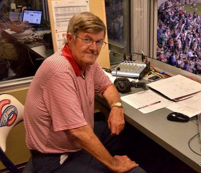 Ed Jenson in the announcer booth at Fluor Field for the Greenville Drive Ed Jenson