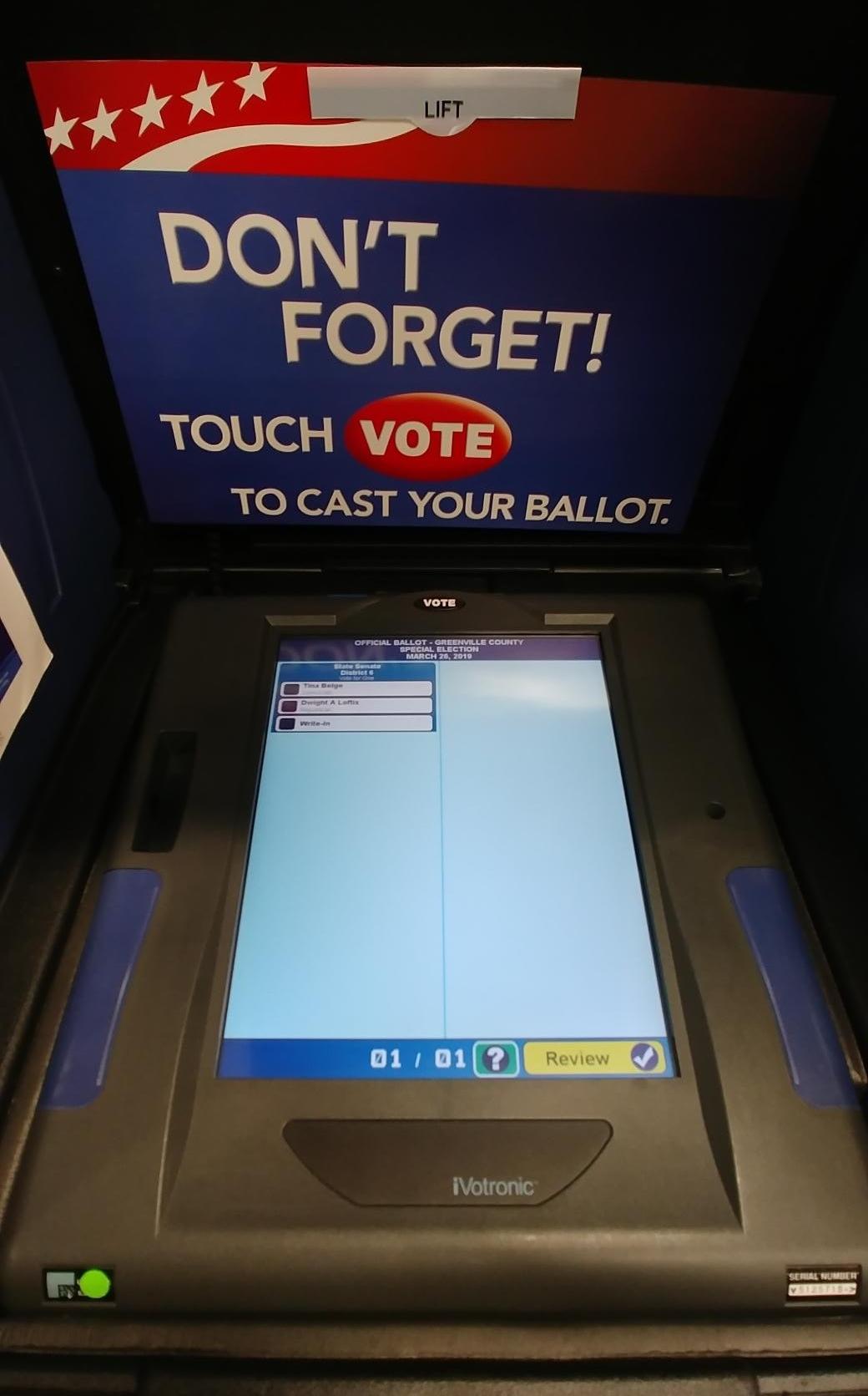 Voting Machine at TR City Hall in State Senate District 6 voting 3-36-2019 Voting Machine
