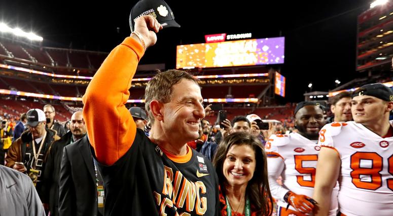 Clemson Tigers head coach Dabo Swinney celebrates beating the Alabama Crimson Tide during the 2019 College Football Playoff Championship game at Levi's Stadium.