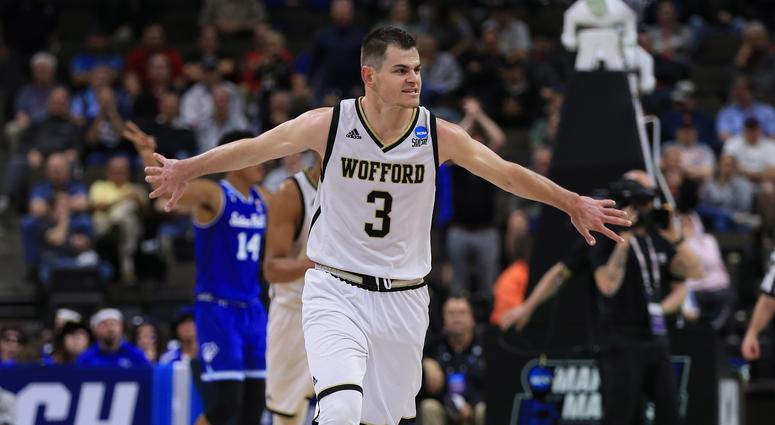 Wofford Terriers guard Fletcher Magee (3) celebrates against the Seton Hall Pirates during the second half in the first round of the 2019 NCAA Tournament at Jacksonville Veterans Memorial Arena.