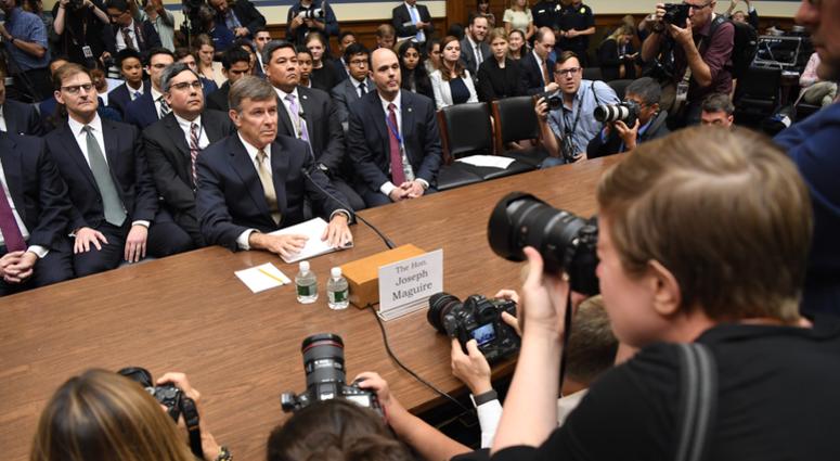 Joseph Maguire, acting Director of National Intelligence, prepares to testify about his decision to not share a whistleblower complaint in front of the House Select Committee on Intelligence on Sept. 26, 2019 in Washington.