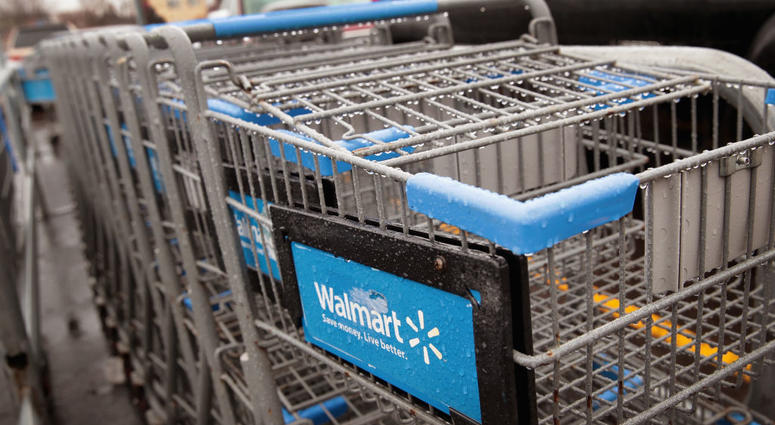 Walmart shopping carts in the parking lot Walmart shopping carts