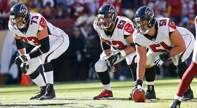 Atlanta Falcons center Alex Mack, offensive guard Ben Garland, and offensive tackle Ryan Schraeder Atlanta Falcons center Alex Mack, offensive guard Ben Garland, and offensive tackle Ryan Schraeder