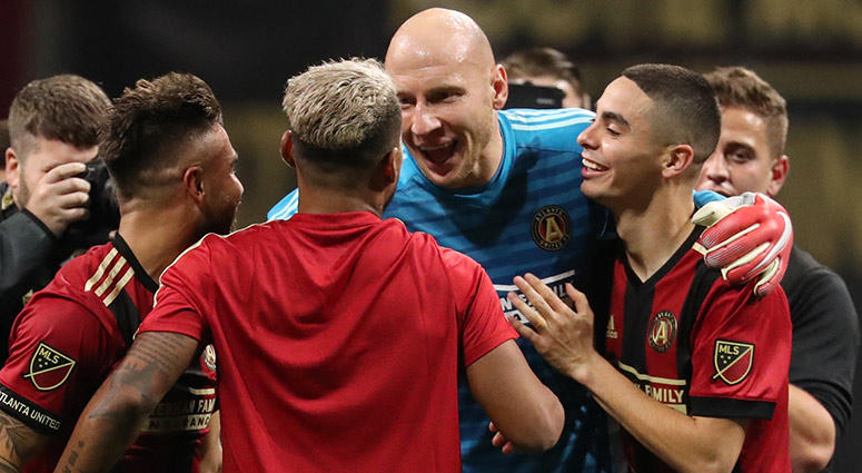 Atlanta United forward Hector Villalba, forward Josef Martinez, goalkeeper Brad Guzan, and midfielder Miguel Almiron react after defeating the New York Red Bulls Atlanta United forward Hector Villalba, forward Josef Martinez, goalkeeper Brad Guzan, and midfielder Miguel Almiron react after defeating the New York Red Bulls