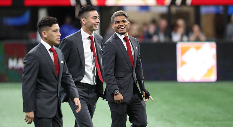 Atlanta United midfielder Ezequiel Barco, midfielder Miguel Almiron, and forward Josef Martinez Atlanta United midfielder Ezequiel Barco, midfielder Miguel Almiron, and forward Josef Martinez