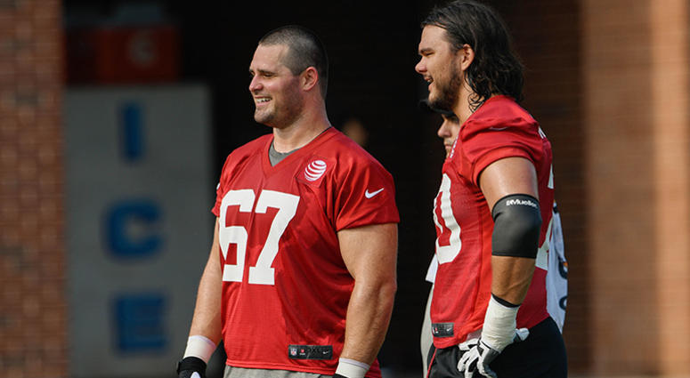 Atlanta Falcons guard Andy Levitre and tackle Jake Matthews Atlanta Falcons guard Andy Levitre and tackle Jake Matthews
